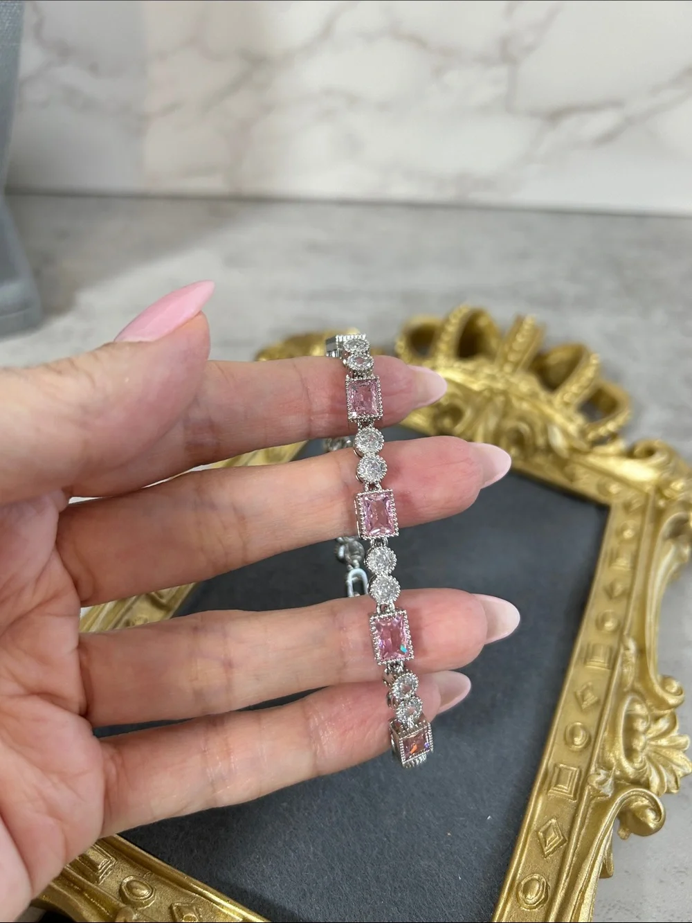 Elegant Pink & Silver Crystal Tennis Bracelet - Women Jewelry
